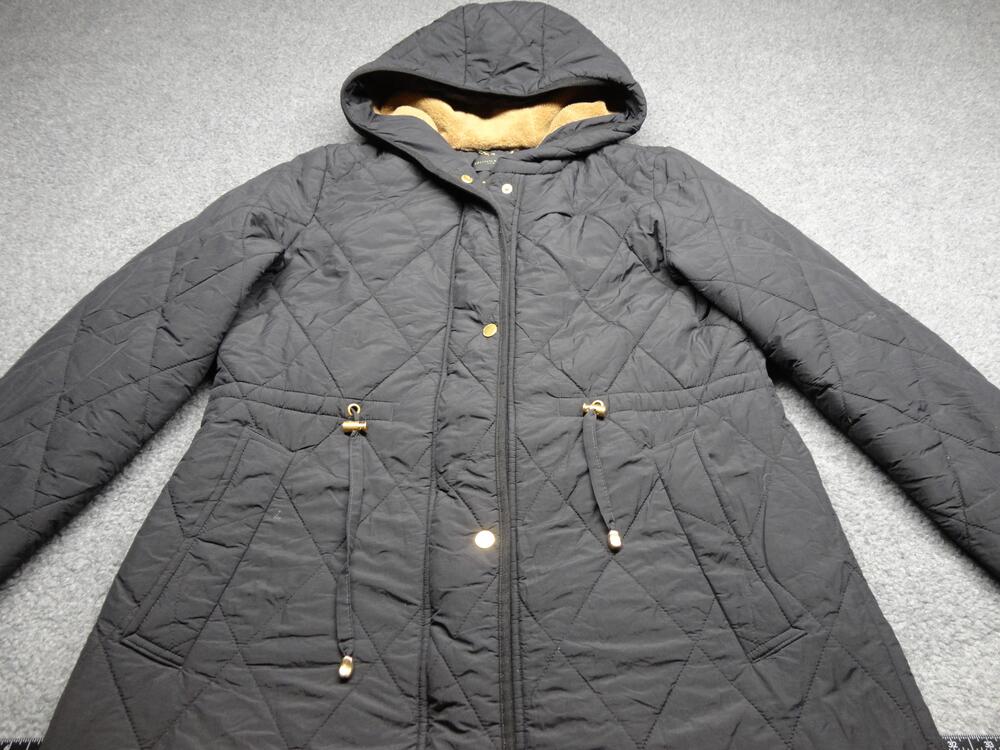 Donna Karan New York Coat Womens Medium Black Quilted Hooded Long Parka Warm